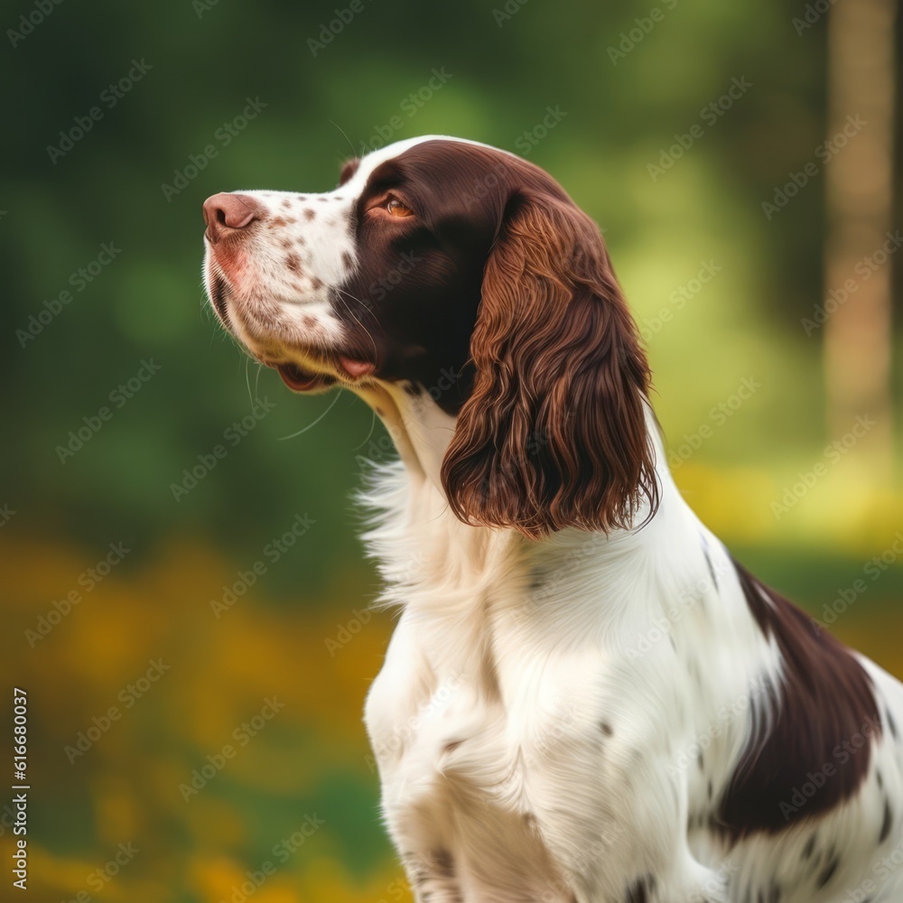 Profile portrait of a purebred English Springer Spaniel dog in the nature. Spaniel dog portrait in a sunny summer day. Outdoor portrait of a beautiful Spaniel dog in a summer field. AI generated