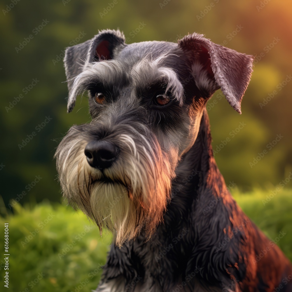 Profile portrait of purebred Miniature Schnauzer dog in the nature. Miniature Schnauzer dog portrait in a sunny summer day. Outdoor portrait of beautiful Schnauzer dog in a summer field. AI generated