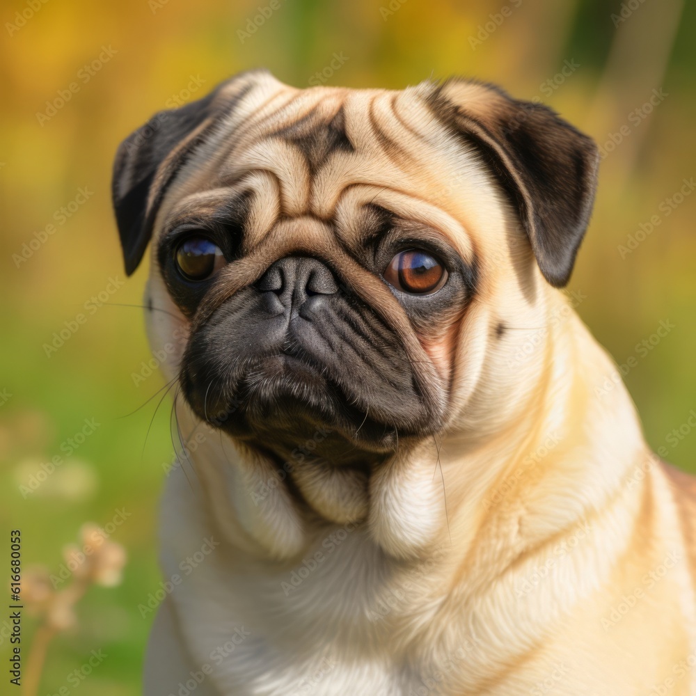 Profile portrait of a purebred Pug dog in the nature. Pug dog portrait in a sunny summer day. Outdoor portrait of a beautiful Pug dog in a summer field. AI generated