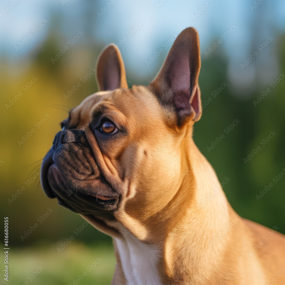 Profile portrait of a purebred French Bulldog dog in the nature. French Bulldog dog portrait in a sunny summer day. Outdoor portrait of a beautiful French Bulldog dog in a summer field. AI generated