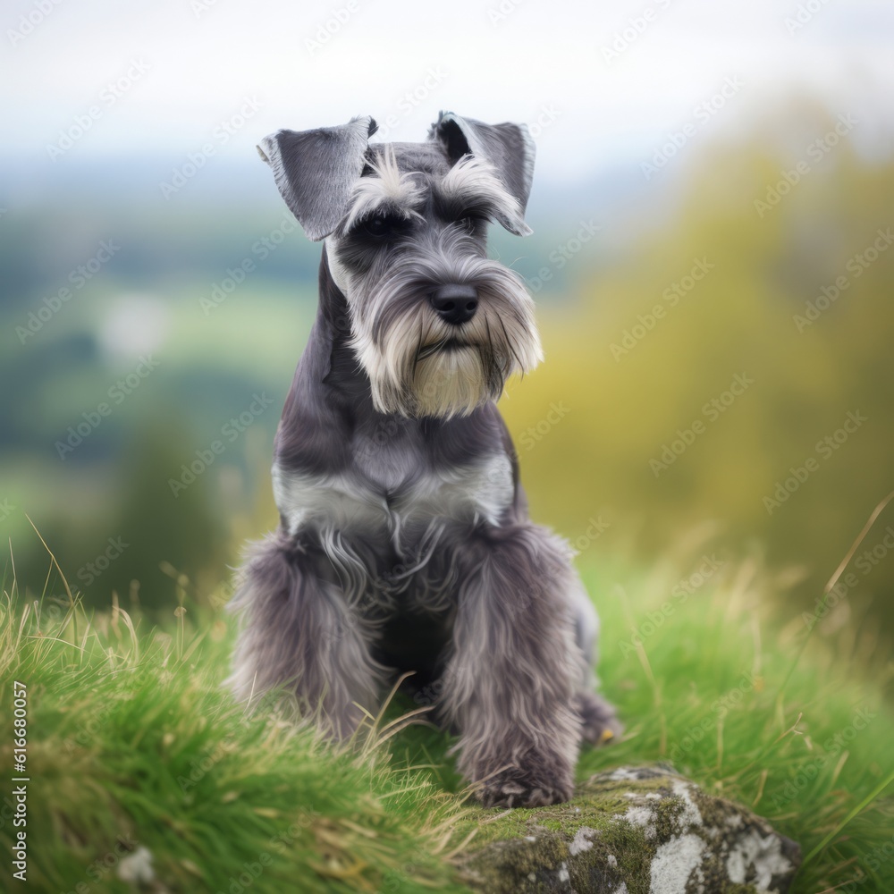  Miniature Schnauzer dog profile portrait on summer day. Portrait of a Miniature Schnauzer dog sitting in a grassy green field. Outdoor portrait of beautiful Schnauzer in a summer field. AI generated.