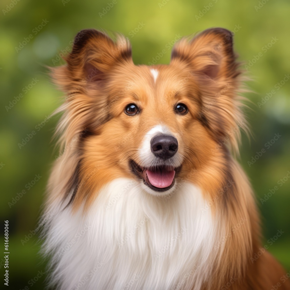 Shetland Sheepdog dog portrait in a sunny summer day. Closeup portrait of a purebred Shetland Sheepdog dog in the field. Outdoor portrait of a beautiful Sheepdog dog in a summer field. AI generated