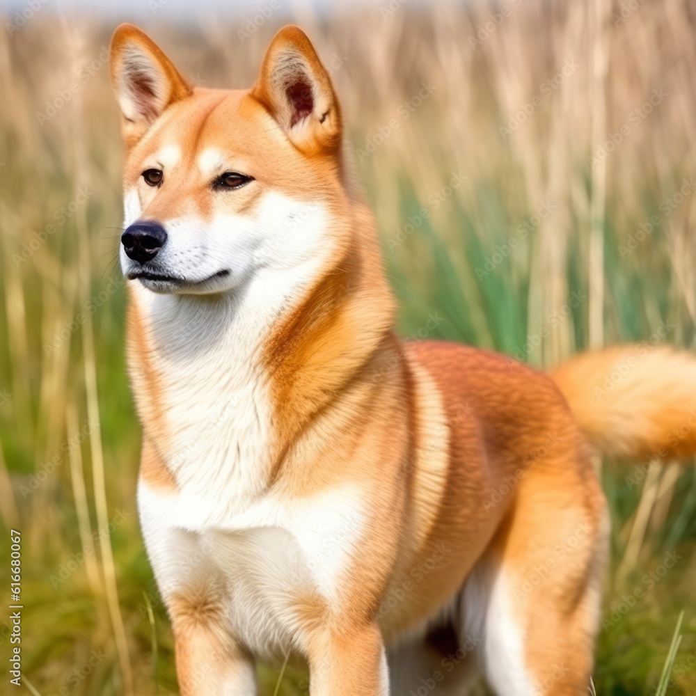 Shiba Inu dog profile portrait on a summer day. Side portrait of a purebred Shiba Inu dog standing in the green field. Outdoor portrait of a beautiful Shiba Inu dog in a summer field. AI generated Shiba Inu dog profile portrait on a summer day. Side portrait of a purebred Shiba Inu dog standing in the green field. Outdoor portrait of a beautiful Shiba Inu dog in a summer field. AI generated