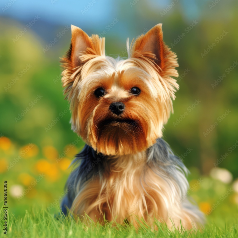 Yorkshire Terrier dog portrait in a sunny summer day. Closeup portrait of a purebred Yorkshire Terrier dog in the field. Outdoor portrait of a beautiful Yorkshire dog in a summer field. AI generated