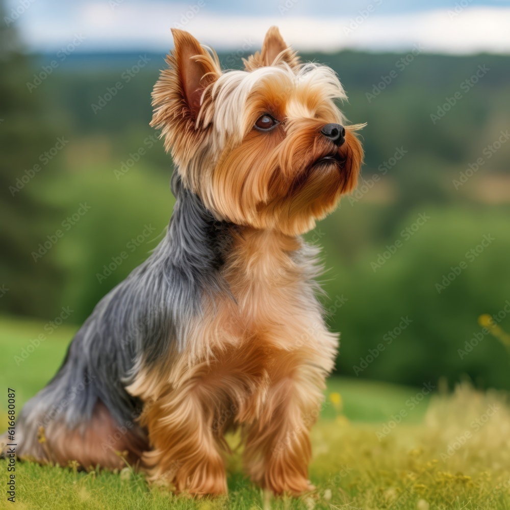 Profile portrait of a purebred Yorkshire Terrier dog sitting in a summer field. Yorkshire Terrier dog portrait in sunny summer day. Outdoor portrait of beautiful Yorkshire dog in nature. AI generated Profile portrait of a purebred Yorkshire Terrier dog sitting in a summer field. Yorkshire Terrier dog portrait in sunny summer day. Outdoor portrait of beautiful Yorkshire dog in nature. AI generated