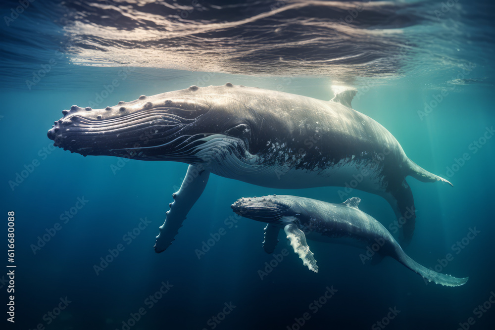 Fototapeta premium A humpback whale supports her very young calf near the ocean's surface