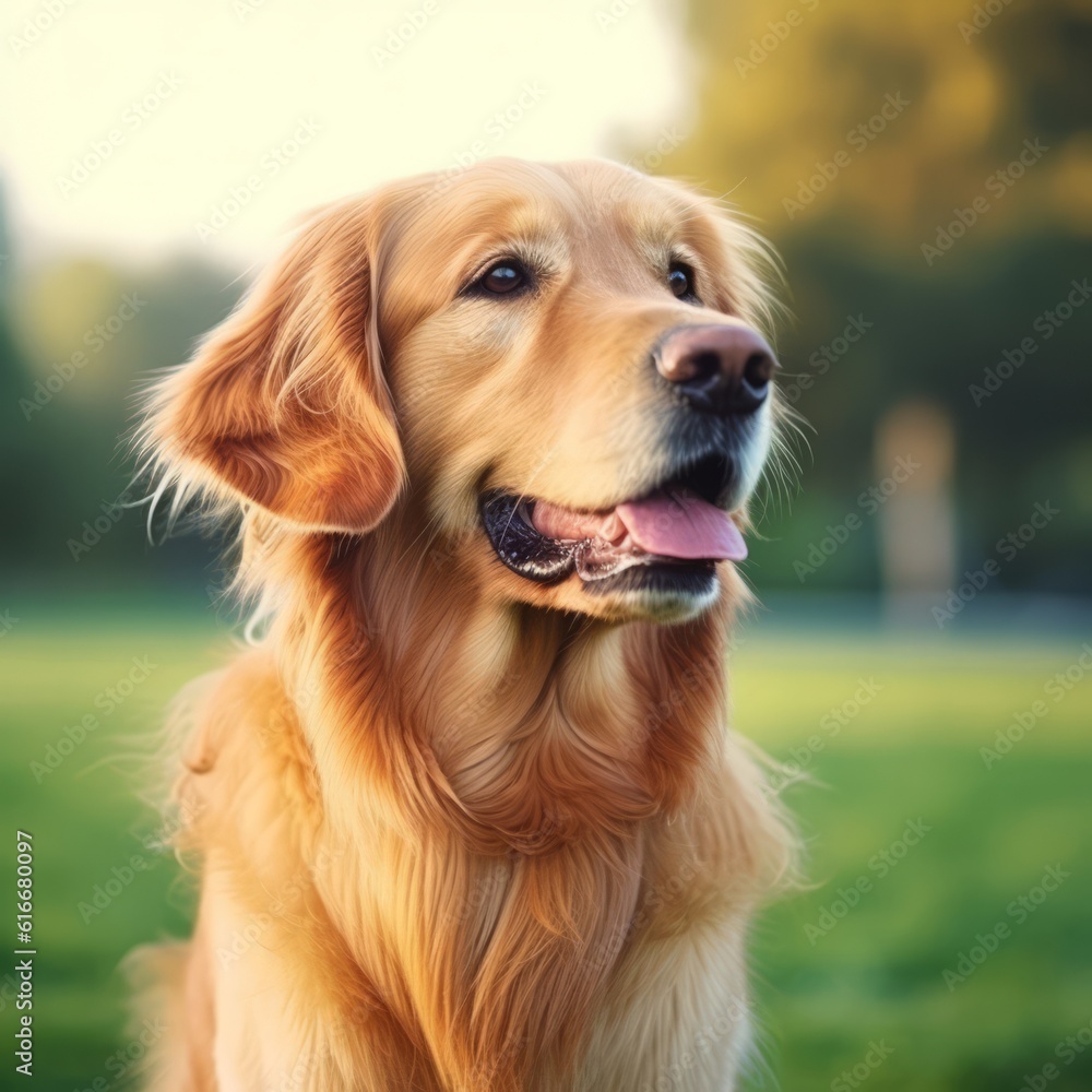 Profile portrait of a purebred Golden Retriever dog in the nature. Golden Retriever dog portrait in a sunny summer day. Outdoor portrait of a beautiful Retriever dog in a summer field. AI generated