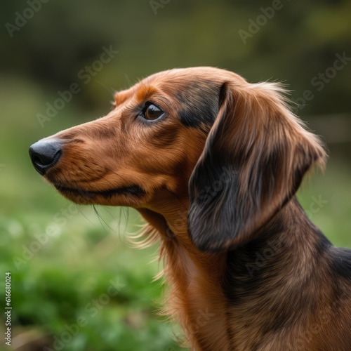 Profile portrait of a purebred Dachshund dog in the nature. Dachshund dog portrait in a sunny summer day. Outdoor Portrait of a beautiful Dachshund dog in a summer field. AI generated