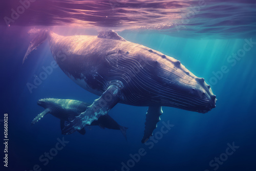 A humpback whale supports her very young calf near the ocean s surface
