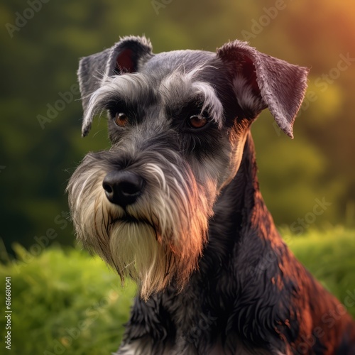 Profile portrait of purebred Miniature Schnauzer dog in the nature. Miniature Schnauzer dog portrait in a sunny summer day. Outdoor portrait of beautiful Schnauzer dog in a summer field. AI generated