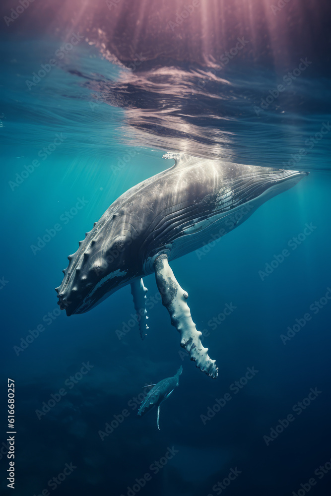 A humpback whale supports her very young calf near the ocean's surface