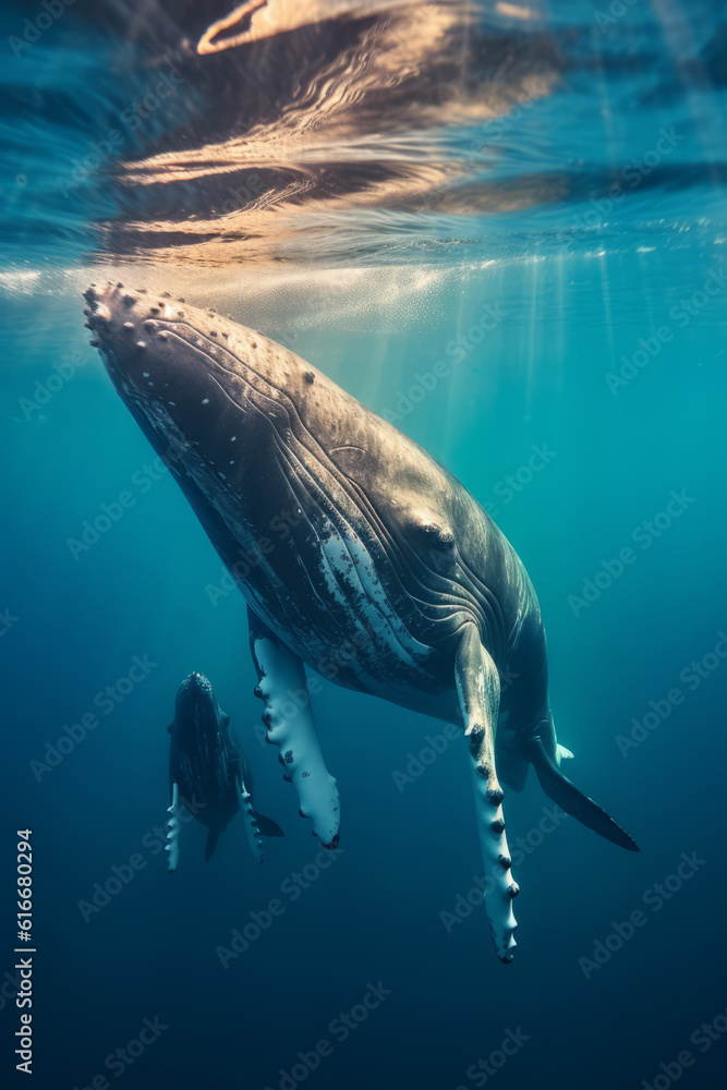 Obraz premium A humpback whale supports her very young calf near the ocean's surface