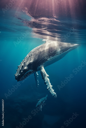 A humpback whale supports her very young calf near the ocean s surface