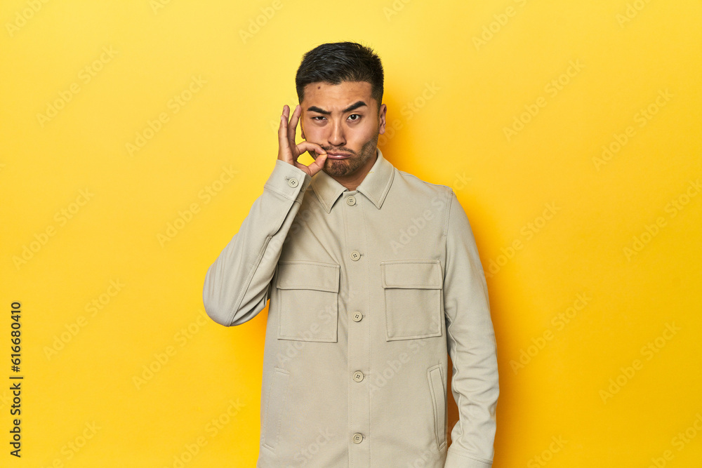 Asian man in stylish gray shirt on yellow studio with fingers on lips keeping a secret. Asian man in stylish gray shirt on yellow studio with fingers on lips keeping a secret.