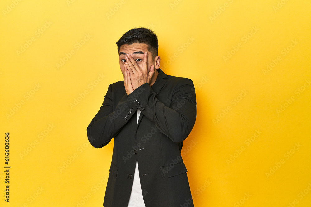 Asian man in black business jacket on yellow studio blink through fingers frightened and nervous. Asian man in black business jacket on yellow studio blink through fingers frightened and nervous.