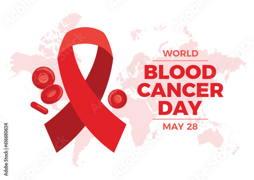 World Blood Cancer Day poster vector illustration. Red cancer awareness ribbon and red blood cells icon vector. May 28 every year. Important day