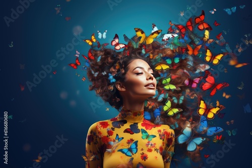Face of woman with make up and butterflies on a blue background, pollinator, bug or insects banner, created with generative ai