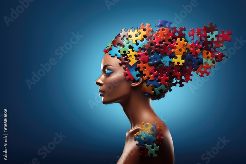 International Parental Mental Health Awareness Week. Black woman with a puzzle brain. Disability Pride Month, world brain day, mental health and brain neurological health, autism spectrum disorder. 