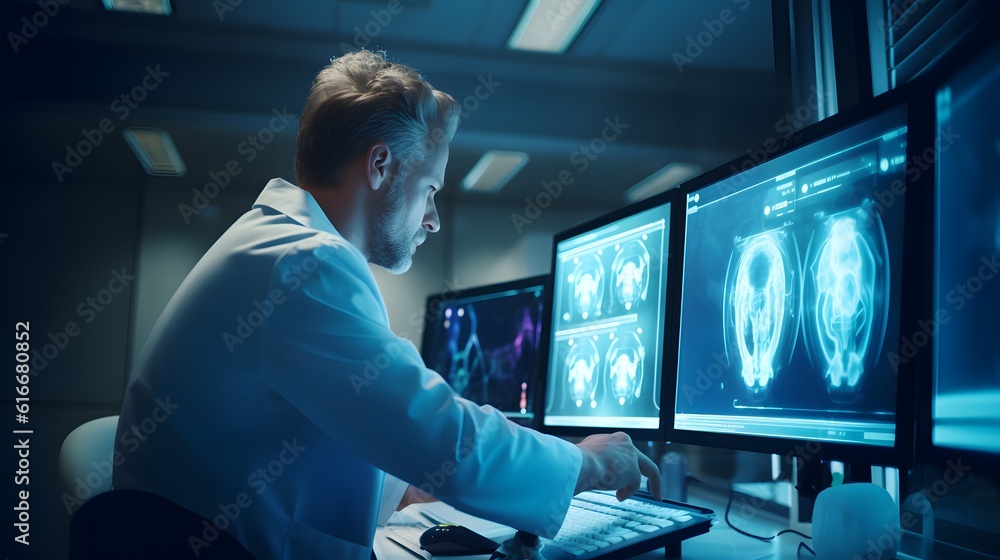 AI-powered Diagnostics. An image showing a doctor or technician using an AI-powered diagnostic system to analyze medical images, such as X-rays or MRI scans, for accurate disease detection.