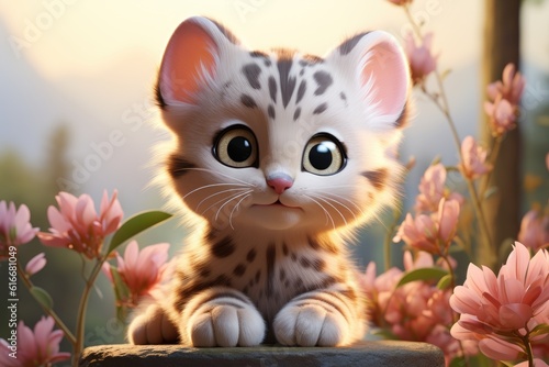 Cute kawaii cartoon Ocelot character, (Leopardus paralis) also known as the painted Leopard, McKenney s Wildcat, Jaguatriea, Jaguarete, Tigrillo Cunaguaro Manigordo, created with generative ai photo