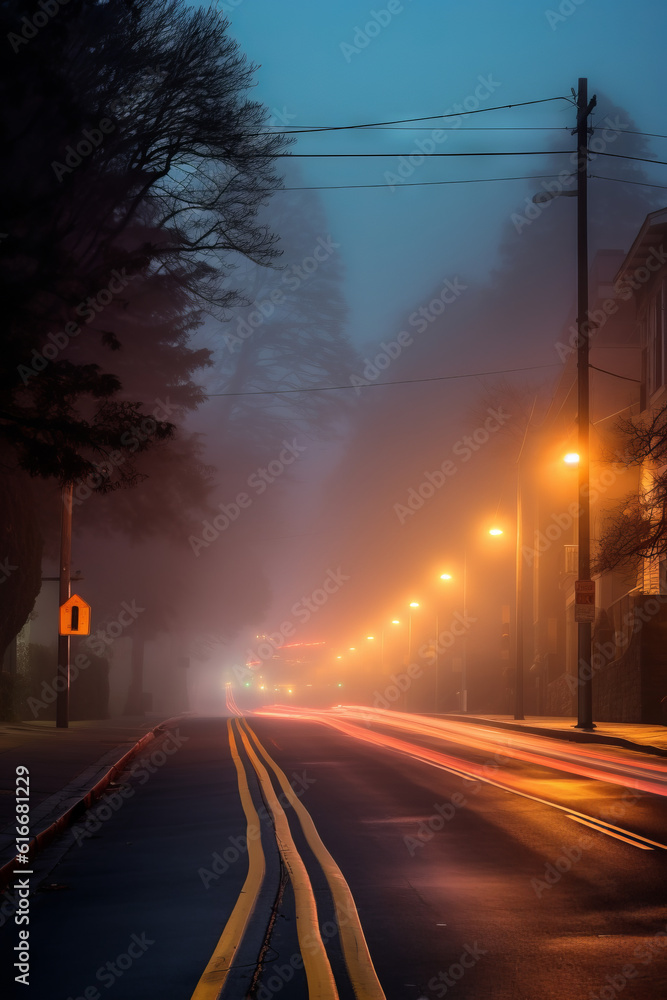 A long exposure of 30 seconds captures the movement of winter fog in Mill Valley, California