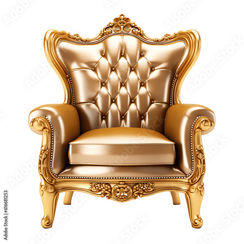 Gold accent chair, armchair isolated on transparent background.