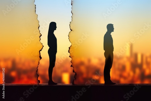 Angry man and woman turning away from each other crossing their arms. Ripped picture. Standing back to back after argument. Romantic relationships problem. Divorce breakup, created with generative ai