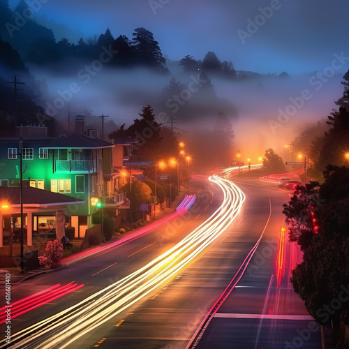 A long exposure of 30 seconds captures the movement of winter fog in Mill Valley  California