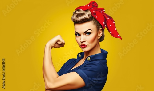 Women's History Month Banner. Strong powerful woman. Woman's day banner. We Can Do It. Woman s fist symbol of female power, fictional person created with generative AI photo