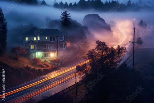 A long exposure of 30 seconds captures the movement of winter fog in Mill Valley, California photo