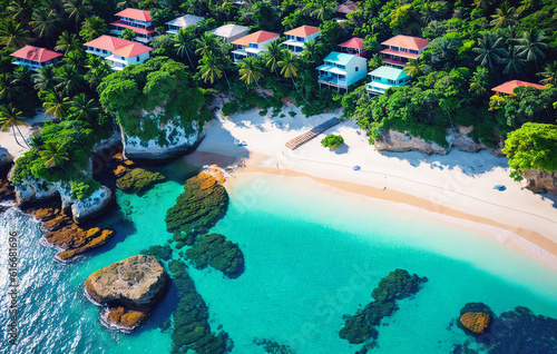 Aerial view of beautiful tropical beach with coconut palm trees  blue lagoon and white sand. Generative AI.