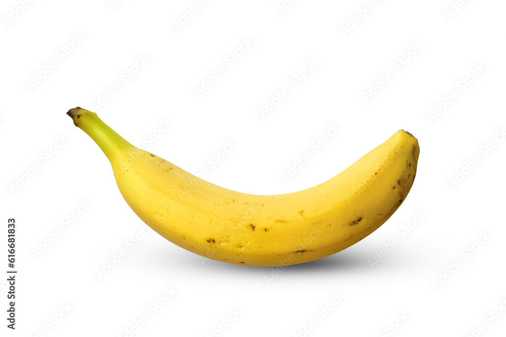A banana with small stains on its surface isolated on empty background