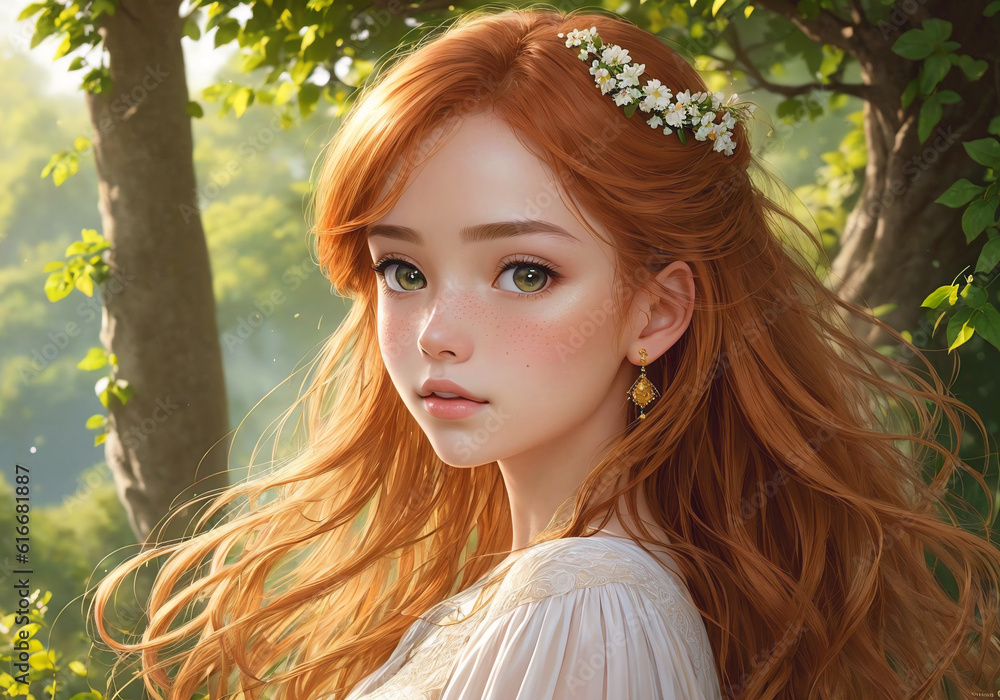Naklejka premium A beautiful girl with long red hair poses against the background of a forest on a summer day. Generative AI.