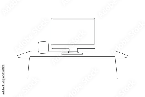 Single one line drawing Office workstation furniture interior concept. Continuous line draw design graphic vector illustration.