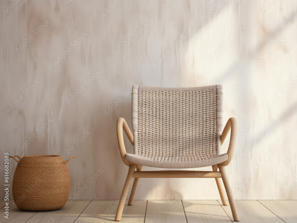 Rattan chair with knit close up in interior background, Mockups Design
