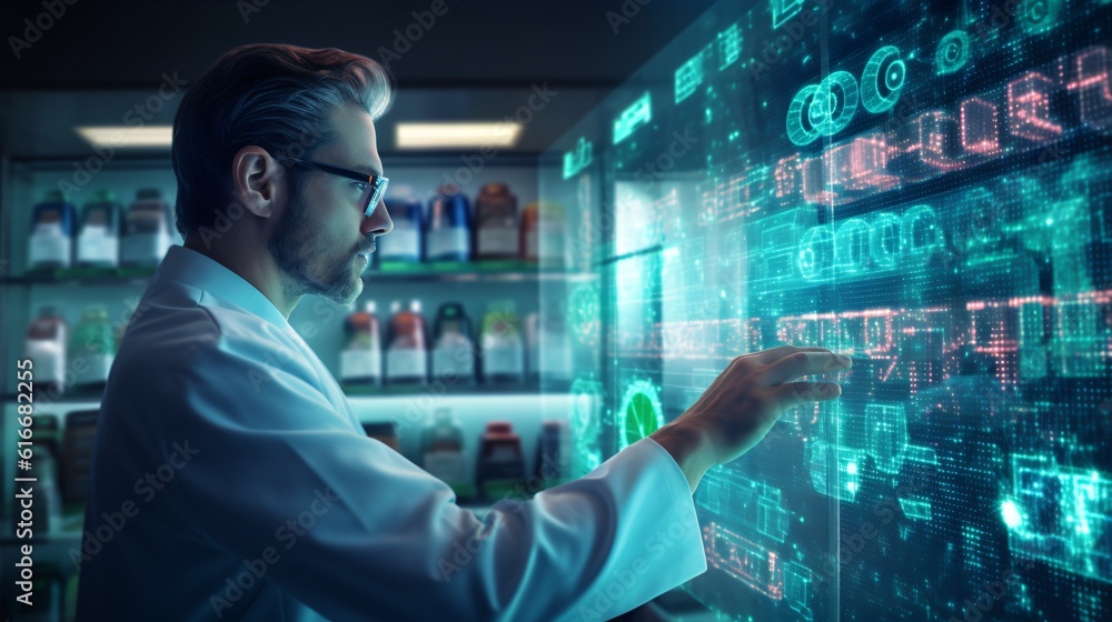 Personalized Medicine. A photo depicting a pharmacist or healthcare professional working with AI algorithms to create personalized medication plans tailored to individual patients based on their genet Personalized Medicine. A photo depicting a pharmacist or healthcare professional working with AI algorithms to create personalized medication plans tailored to individual patients based on their genet