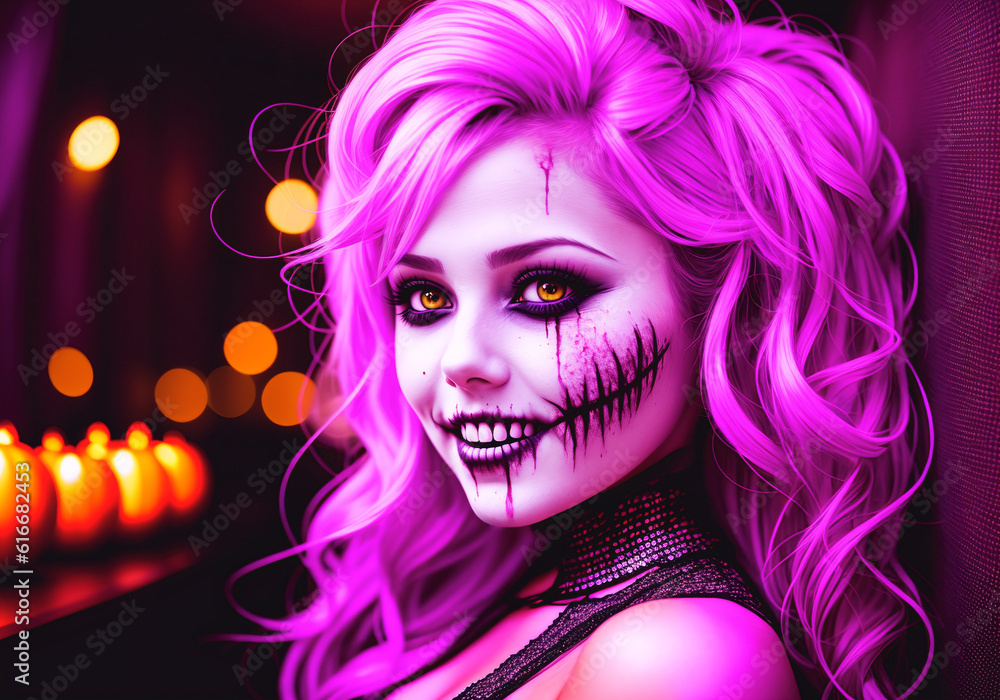 A beautiful girl at a party in a nightclub in honor of Halloween. A woman at a costume party. Generative AI A beautiful girl at a party in a nightclub in honor of Halloween. A woman at a costume party. Generative AI