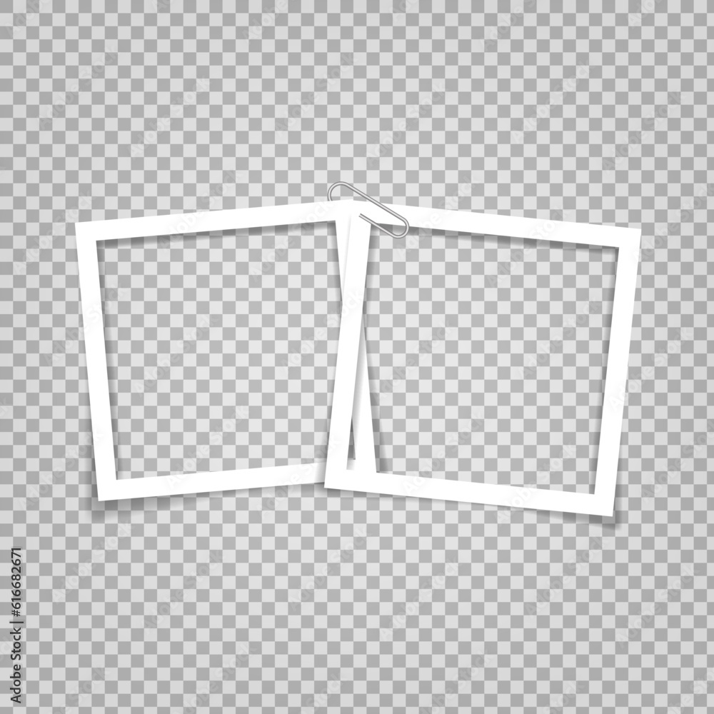 Empty photo frames with shadow effects. A photo frame with tape of different colors and a paper clip. Vintage photo frame for your photo. Vector illustration in realistic style. Empty photo frames with shadow effects. A photo frame with tape of different colors and a paper clip. Vintage photo frame for your photo. Vector illustration in realistic style.