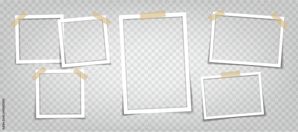 Empty photo frames with shadow effects. A photo frame with tape of different colors and a paper clip. Vintage photo frame for your photo. Vector illustration in realistic style.
