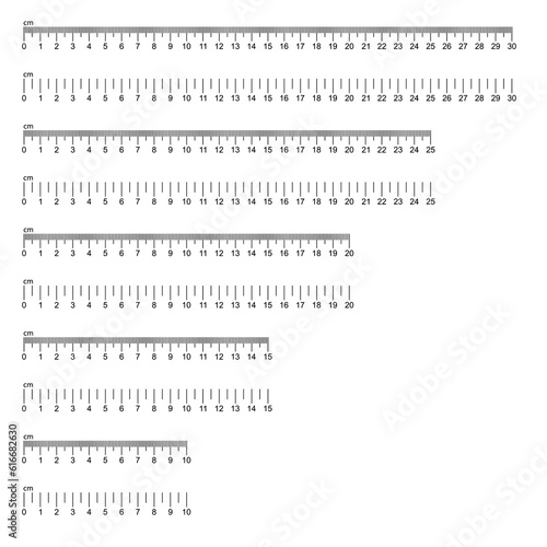 Ruler 10, 15, 25, 30 cm. Measuring tool on a white background. Graduation line. Grid rulers cm. Size indicator units metric centimeter size indicators vector illustration Eps10.