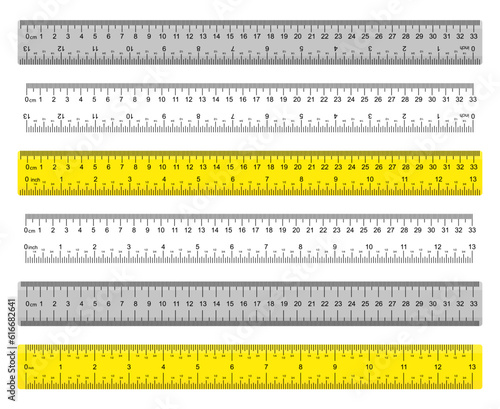 A yellow ruler marked with centimeters, inches and combined rectangular shapes. Output inch line. Vector graphics on a white background.