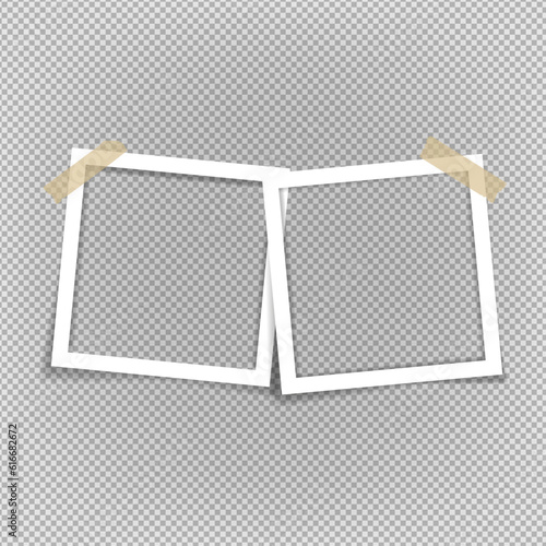 Empty photo frames with shadow effects. A photo frame with tape of different colors and a paper clip. Vintage photo frame for your photo. Vector illustration in realistic style.