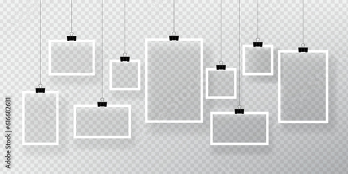 Empty photo frames with shadow effects. Vector Photo frame mockup design. Super set photo frame on sticky tape isolated on transparent background. Vector illustration.