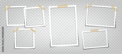 Empty photo frames with shadow effects. A photo frame with tape of different colors and a paper clip. Vintage photo frame for your photo. Vector illustration in realistic style.