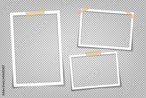 Empty photo frames with shadow effects. Vector Photo frame mockup design. Super set photo frame on sticky tape isolated on transparent background. Vector illustration.