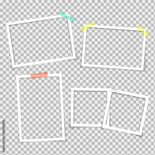Empty photo frames with shadow effects. Vector Photo frame mockup design. Super set photo frame on sticky tape isolated on transparent background. Vector illustration.