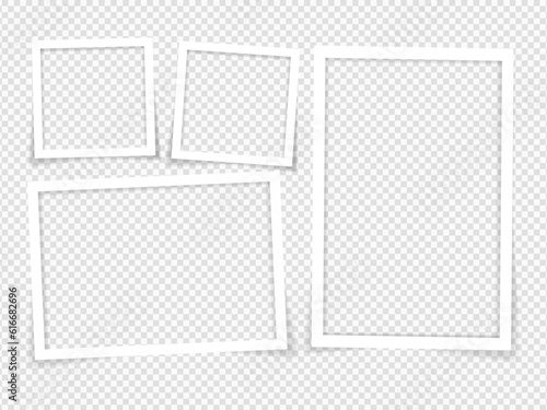 Empty photo frames with shadow effects. Vector Photo frame mockup design. Super set photo frame on sticky tape isolated on transparent background. Vector illustration.