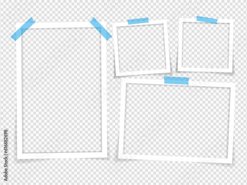 Empty photo frames with shadow effects. Vector Photo frame mockup design. Super set photo frame on sticky tape isolated on transparent background. Vector illustration.