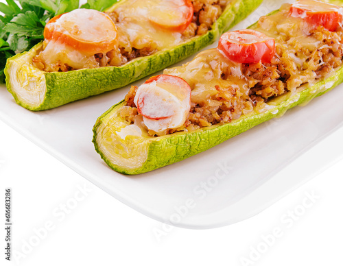 Zucchini stuffed with meat, vegetables and cheese