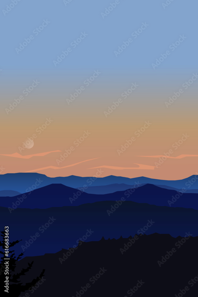 mountain landscape with sunset in blue and pink colors.